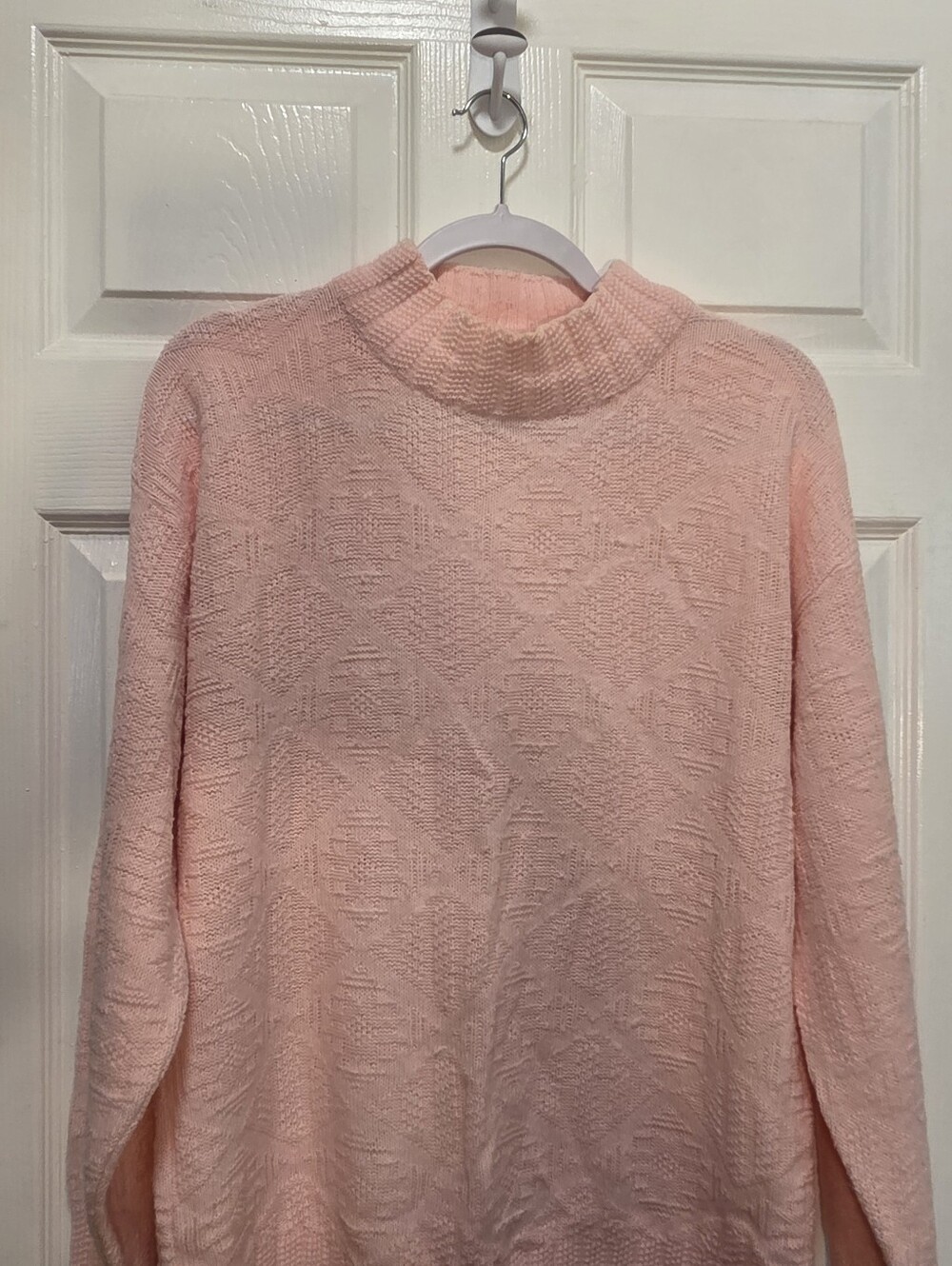 Vintage 80s 90s Made in USA Pink Geometric Diamond Knit Mock Neck Sweater